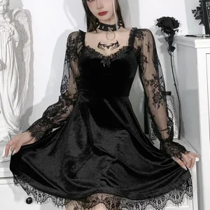 Black Gothic Lolita Style Dress for Women Lace Trim High Waist Bodycon Vestidos E-girl 90s Vintage Punk Harajuku Grunge Clothes
