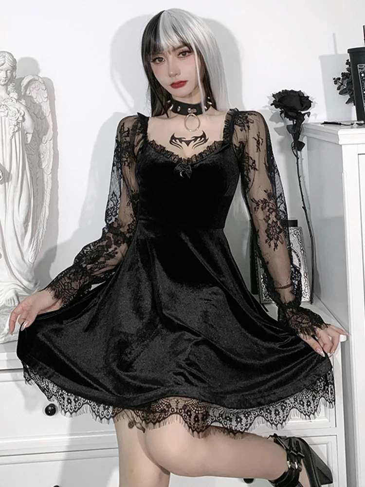 Black Gothic Lolita Style Dress for Women Lace Trim High Waist Bodycon Vestidos E-girl 90s Vintage Punk Harajuku Grunge Clothes