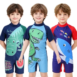 Boys Dinosaur Print One Piece Swimsuit Short Sleeve Kids Swimwear Quick Dry UPF50+ Toddler Bathing Suit Beachwear 2-12Y