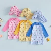 Boys Girls Summer One-piece Swimsuit with Hat Kids Long Sleeve Cartoon Print Sunscreen Quick-Dry Swimwear Baby Bathing Costume
