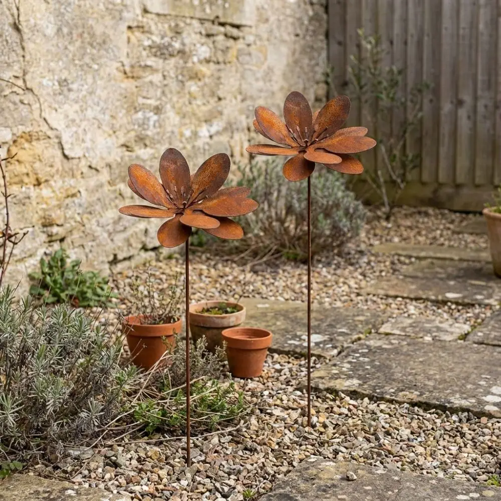 Cast Iron Metal Floral Stake Weathered Rust Finish Vintage Rustic Plant Stakes Farmhouse Style 3D Layered Petal - Image 2
