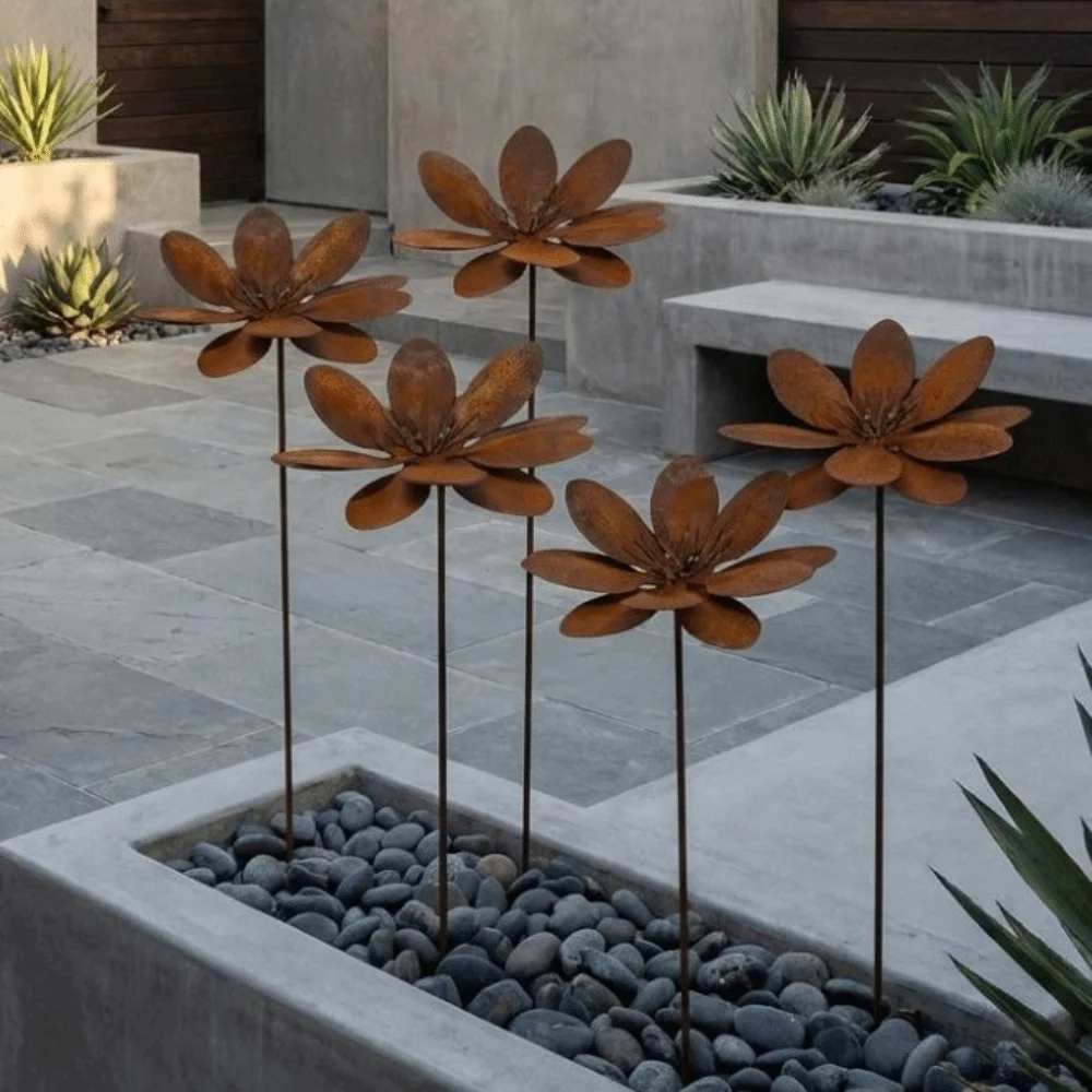 Cast Iron Metal Floral Stake Weathered Rust Finish Vintage Rustic Plant Stakes Farmhouse Style 3D Layered Petal - Image 4
