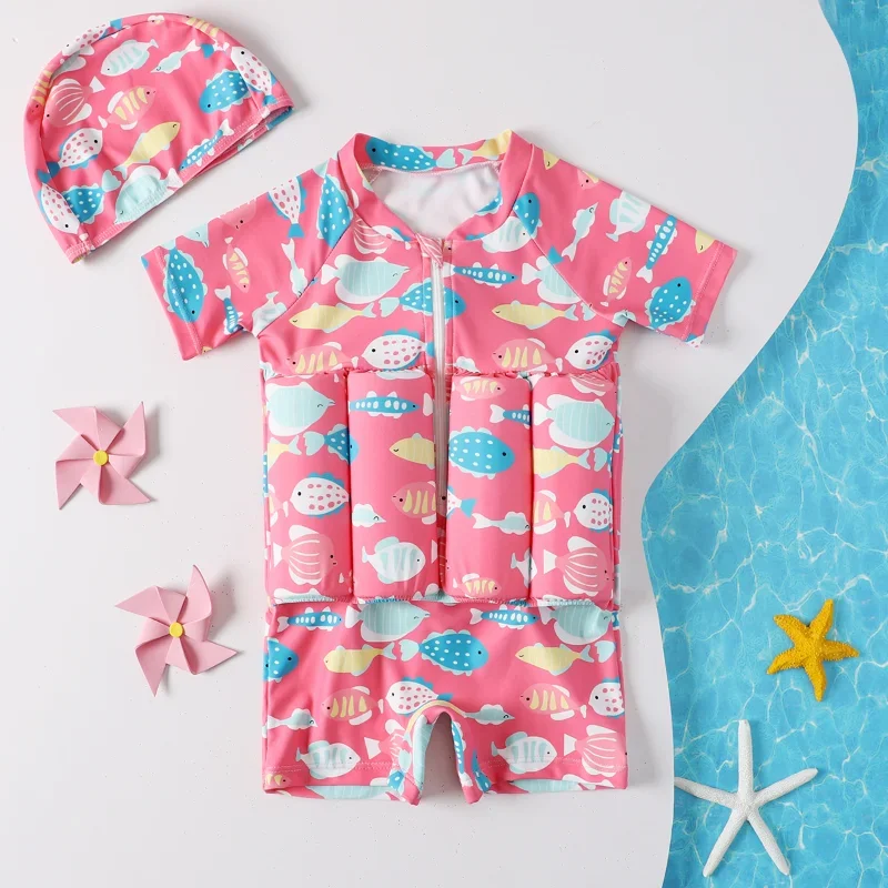 Children Swimming Training Swimwear Boys Girls Swimming Suit Detachable Floating Swimsuit Kids Buofancy Swimwear+Caps Suit - Image 3