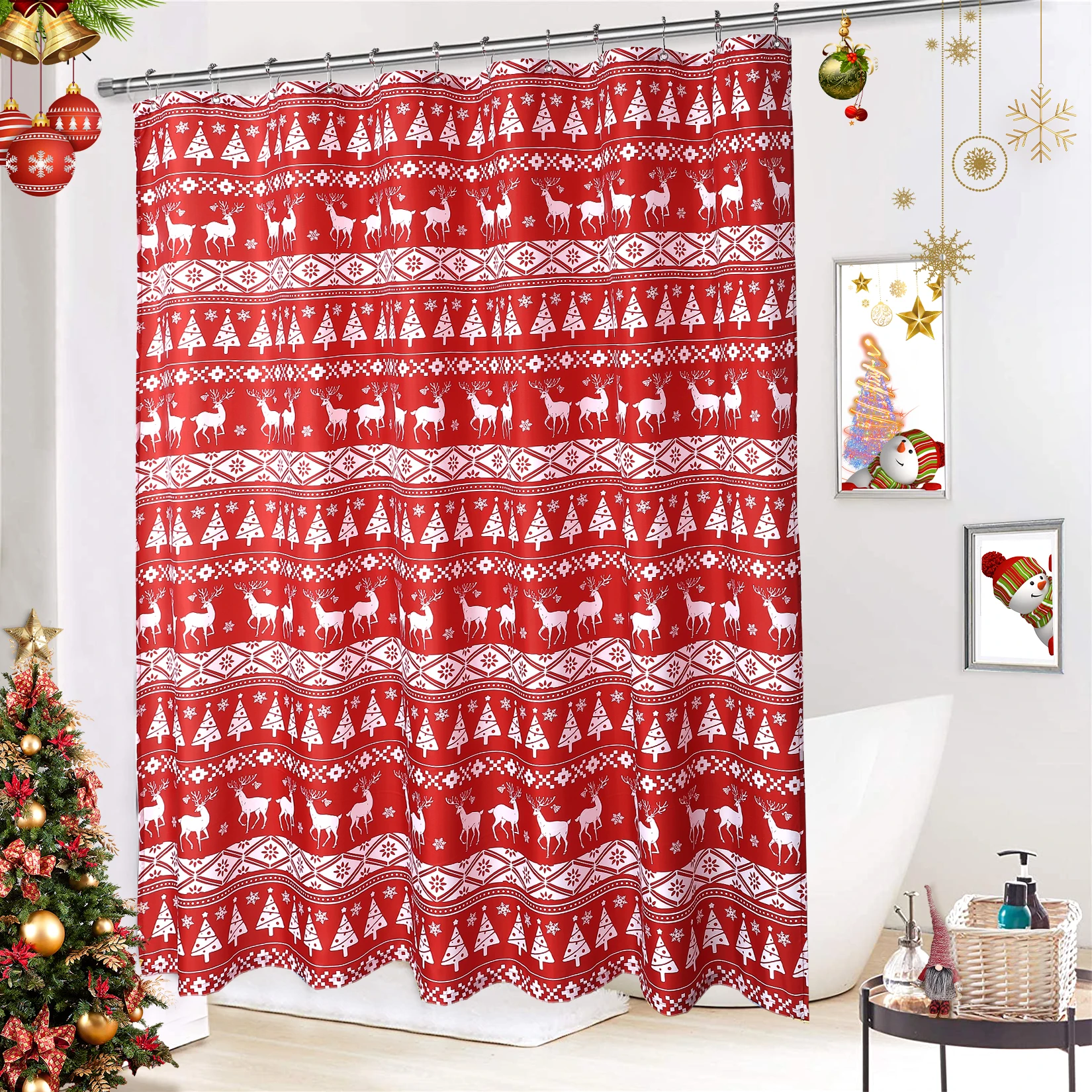 Christmas Shower Curtain Waterproof Christmas Decor Cartoon Pattern with Deer Blackout Machine Wash for Bathroom Decorations