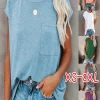 Classic T Shirts Women Round Neck Short Sleeved Solid Color Patchwork Pocket Tee Summer Women's Casual Top