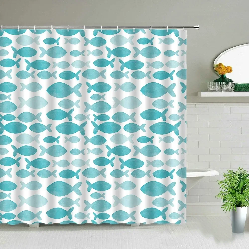 Colorful Cartoons Fish Shark Shower Curtains Ocean Life Children's Bathroom Home Decor Cloth Curtain Set Waterproof Bath Screens - Image 2
