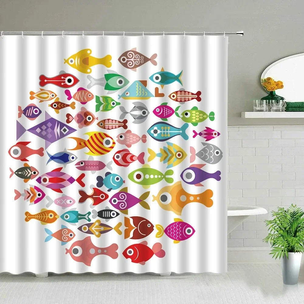 Colorful Cartoons Fish Shark Shower Curtains Ocean Life Children's Bathroom Home Decor Cloth Curtain Set Waterproof Bath Screens - Image 4