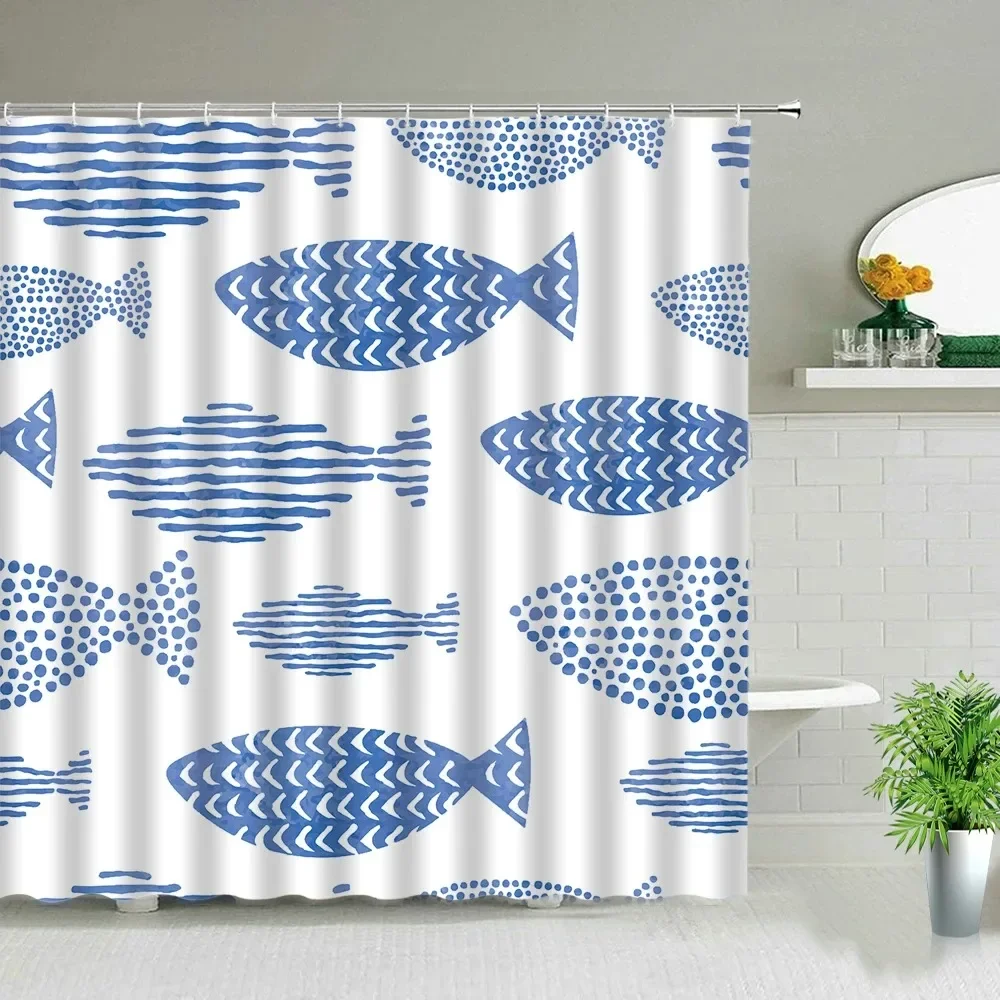 Colorful Cartoons Fish Shark Shower Curtains Ocean Life Children's Bathroom Home Decor Cloth Curtain Set Waterproof Bath Screens - Image 3