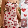 Contrast Trim Cami Nightdress Female Cute Heart Pattern Ruffle Hem Short Bodycon Sleepwear Breathable Summer Loungewear