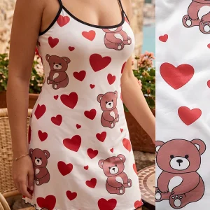 Contrast Trim Cami Nightdress Female Cute Heart Pattern Ruffle Hem Short Bodycon Sleepwear Breathable Summer Loungewear