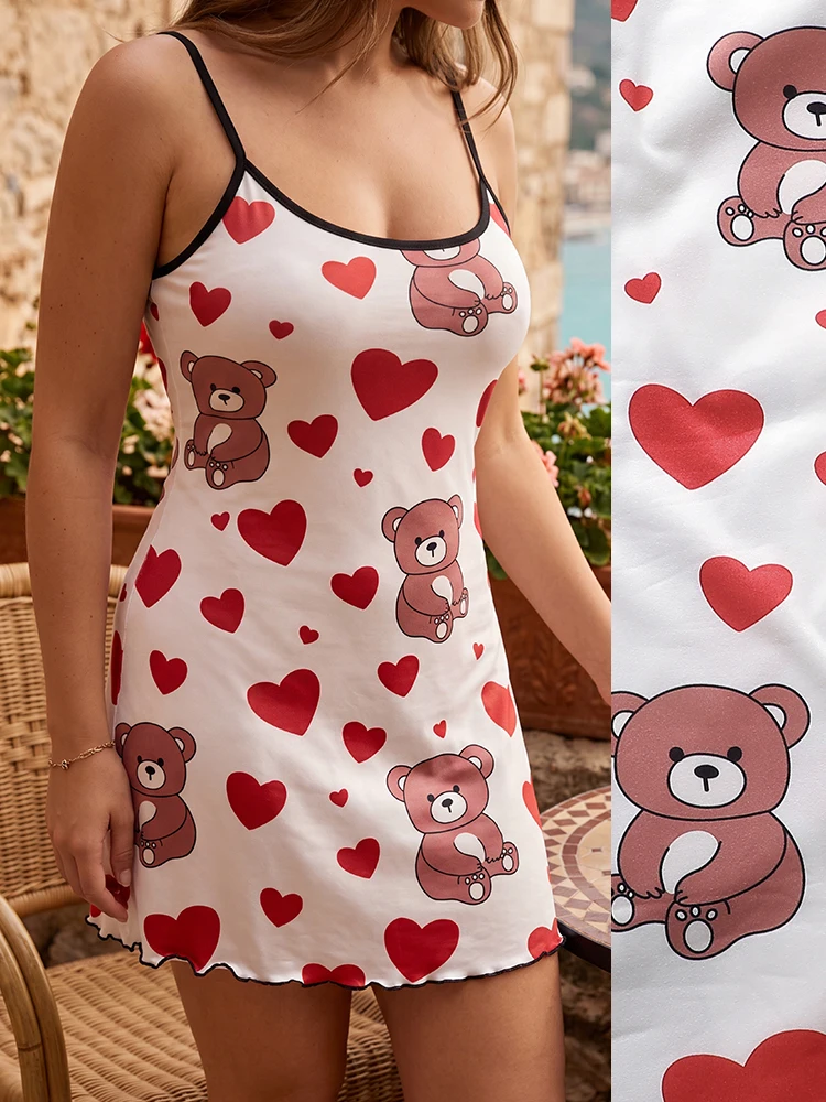 Contrast Trim Cami Nightdress Female Cute Heart Pattern Ruffle Hem Short Bodycon Sleepwear Breathable Summer Loungewear