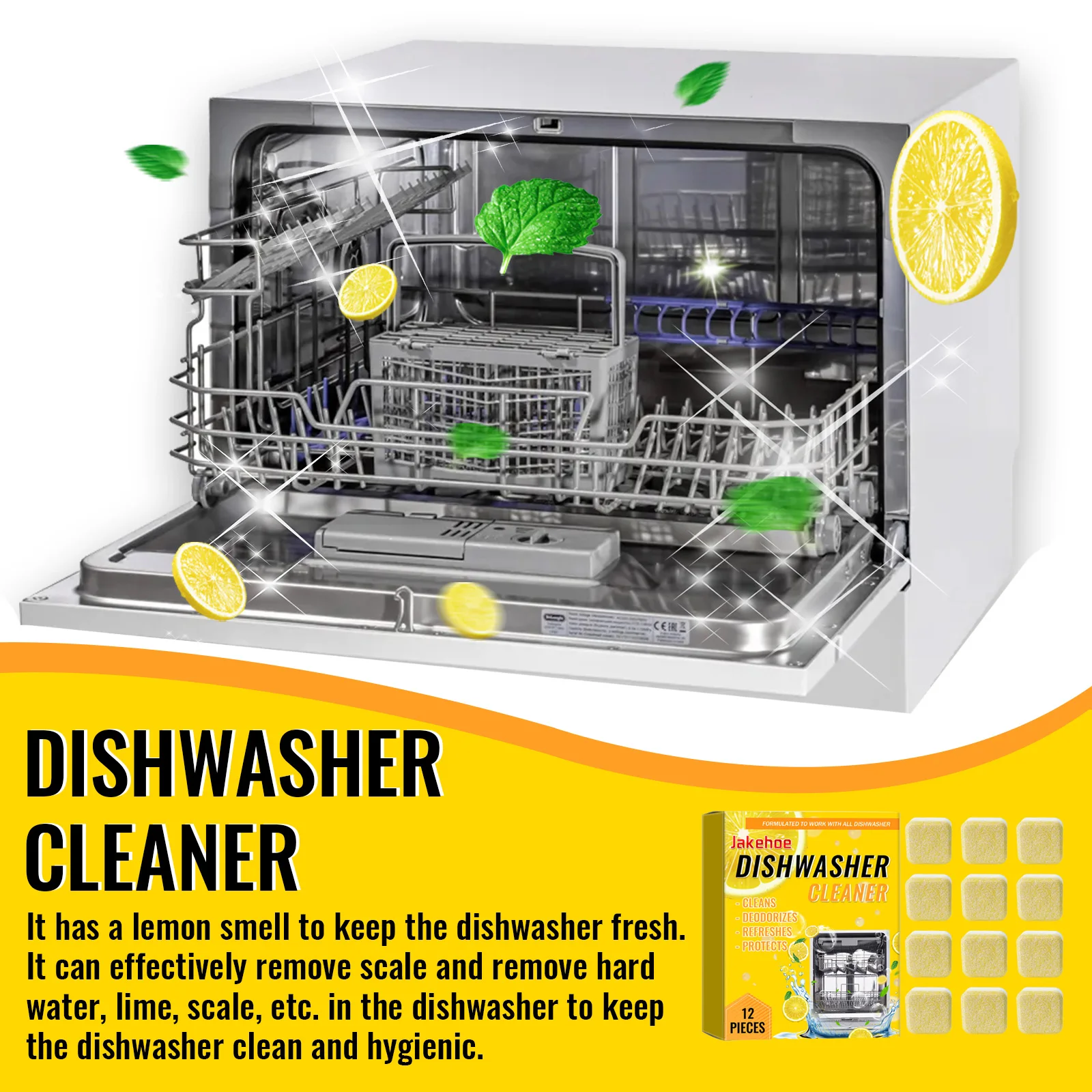 Dishwasher Cleaner Tablets 12pcs Powerful Oil Stain Dirt Grease Removal Descaling Detergent Sewer Deodorizing Limescale Remover - Image 3