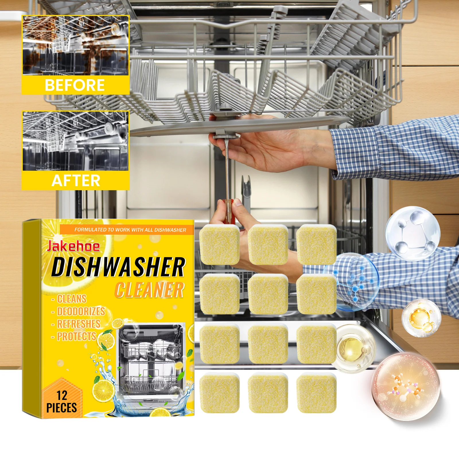 Dishwasher Cleaner Tablets 12pcs Powerful Oil Stain Dirt Grease Removal Descaling Detergent Sewer Deodorizing Limescale Remover