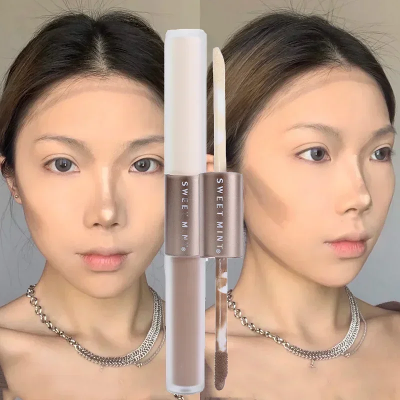 Double Head Face Contouring Stick 2 in 1 High Gloss Grey Brown Matte Nose Shadow Cream Brighten Highlighter Face Bronzer Makeup - Image 2
