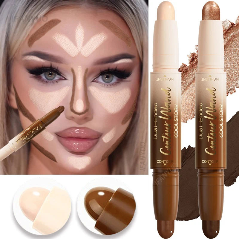 Dual-Ended Bronzer Contour Stick 2 In 1 Smooth Cream Nose Shadow Concealer Pen V Face Brighten Highlight Face Shaping Makeup - Image 2