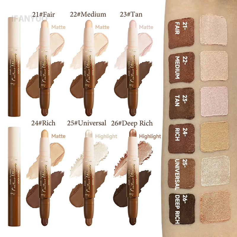 Dual-Ended Bronzer Contour Stick 2 In 1 Smooth Cream Nose Shadow Concealer Pen V Face Brighten Highlight Face Shaping Makeup - Image 5