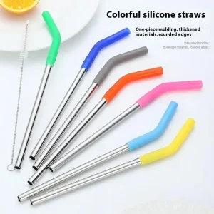 Easy-to-Clean Metal Beverage Straw with Safe Silicone Tips and Brush.