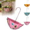 European Style Metal Umbrella Shape Wall Planter Floral Pattern Iron Wall Hanging Basket Rustic Iron Art Flower Holder With Hook