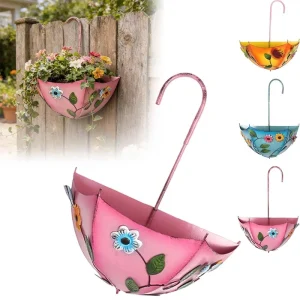 European Style Metal Umbrella Shape Wall Planter Floral Pattern Iron Wall Hanging Basket Rustic Iron Art Flower Holder With Hook