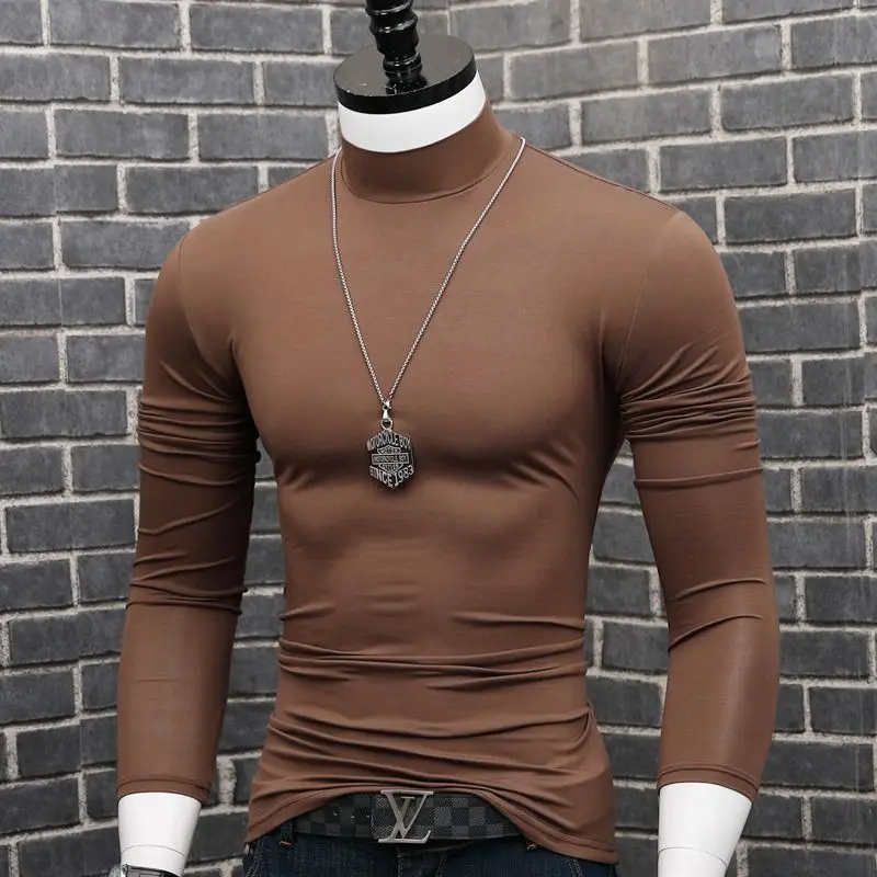 Fashion 2023 Oversize Solid Men's Slim Fit T-Shirt with Turtleneck Autumn Long Sleeve Top Shirt Male Modal Base Male Blouse - Image 2