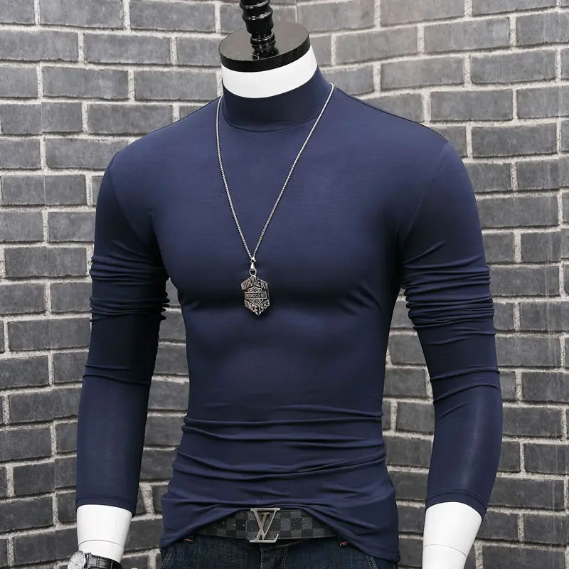 Fashion 2023 Oversize Solid Men's Slim Fit T-Shirt with Turtleneck Autumn Long Sleeve Top Shirt Male Modal Base Male Blouse - Image 5