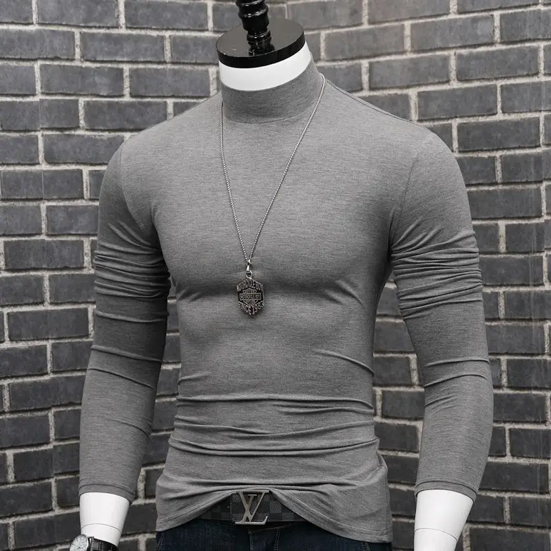 Fashion 2023 Oversize Solid Men's Slim Fit T-Shirt with Turtleneck Autumn Long Sleeve Top Shirt Male Modal Base Male Blouse - Image 3
