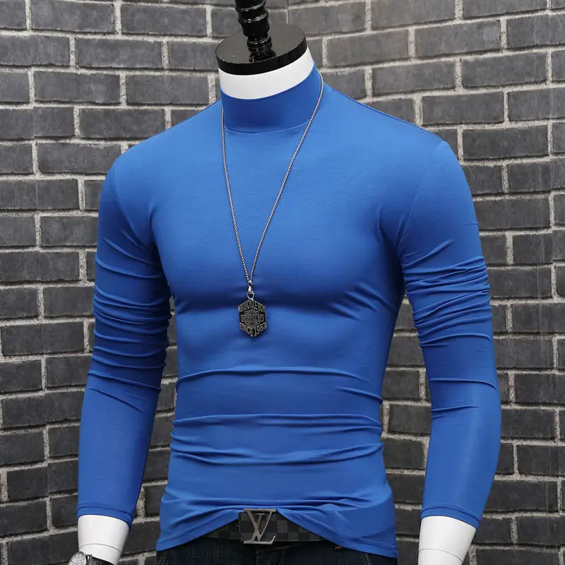 Fashion 2023 Oversize Solid Men's Slim Fit T-Shirt with Turtleneck Autumn Long Sleeve Top Shirt Male Modal Base Male Blouse - Image 4