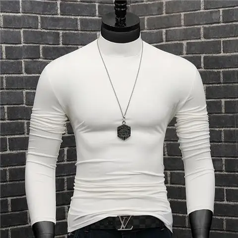 Fashion 2023 Oversize Solid Men's Slim Fit T-Shirt with Turtleneck Autumn Long Sleeve Top Shirt Male Modal Base Male Blouse - Image 6