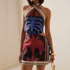 Fashion Contrast Color Slim Halter Mini Dress Summer New Sleeveless Hollow Out Party Dress Elegant Lady Backless Evening Dresses