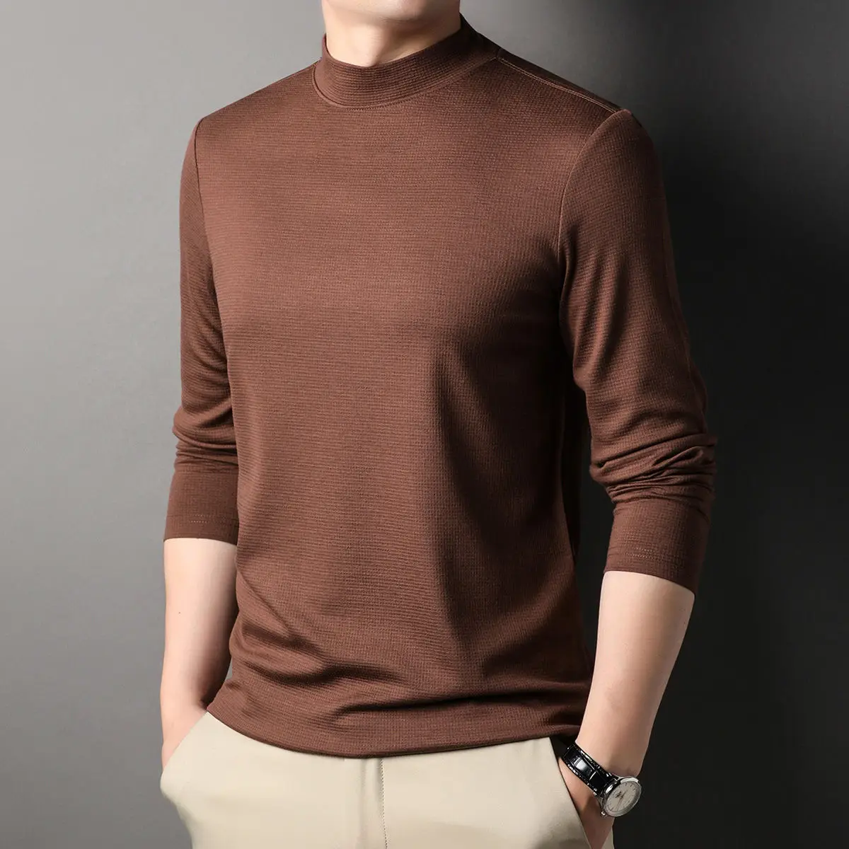 Fashion Stylish Men's Tops Turtleneck Solid for Layering Oversized modal T-Shirt Spring Autumn Classic Workwear Casual Tshirt - Image 2