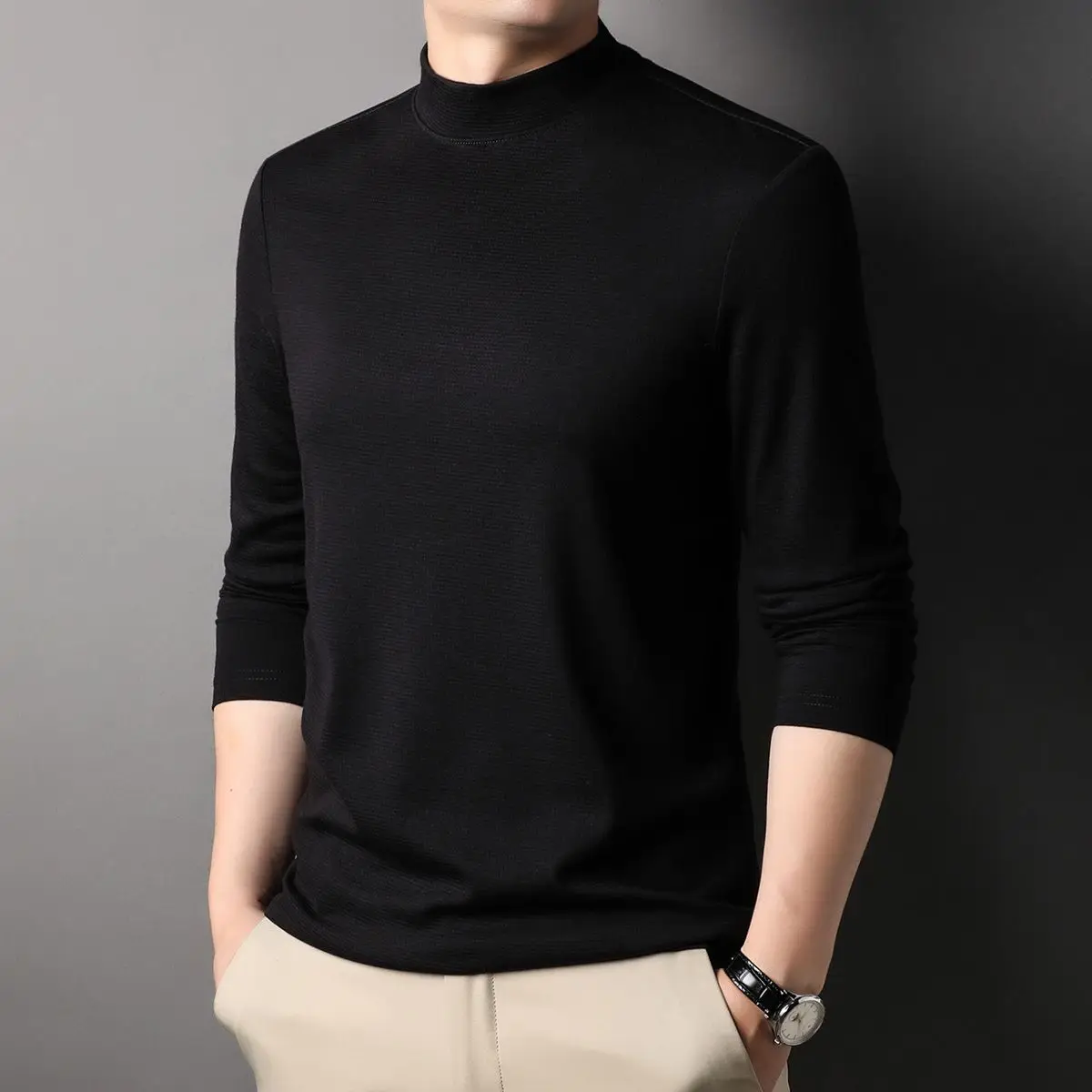 Fashion Stylish Men's Tops Turtleneck Solid for Layering Oversized modal T-Shirt Spring Autumn Classic Workwear Casual Tshirt - Image 3