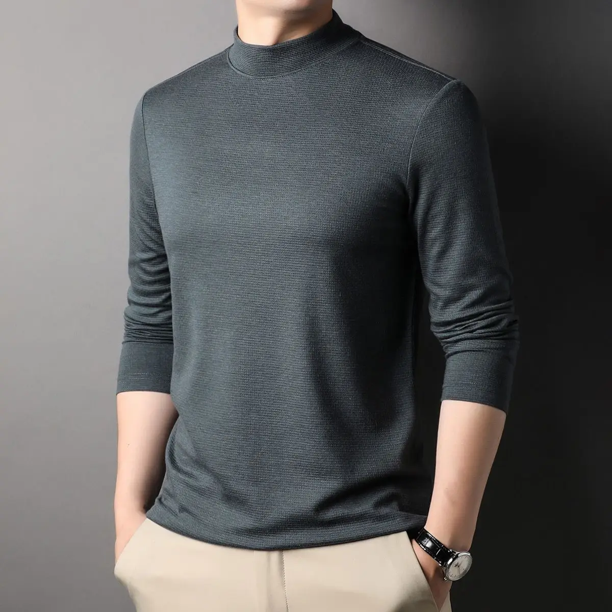Fashion Stylish Men's Tops Turtleneck Solid for Layering Oversized modal T-Shirt Spring Autumn Classic Workwear Casual Tshirt - Image 4