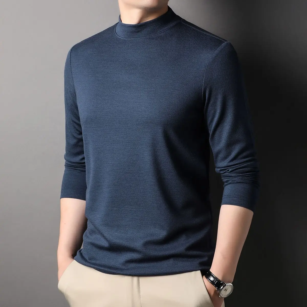 Fashion Stylish Men's Tops Turtleneck Solid for Layering Oversized modal T-Shirt Spring Autumn Classic Workwear Casual Tshirt