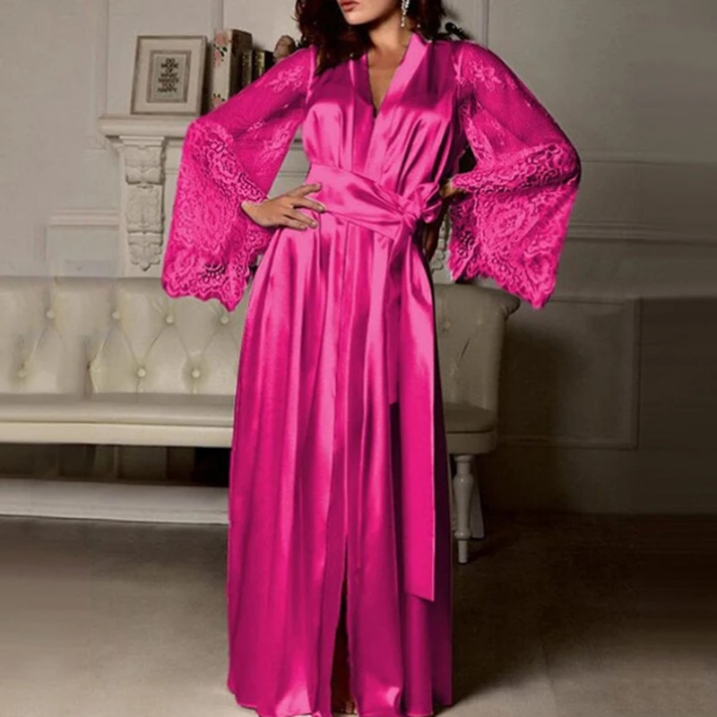 Female Lace Patchwork Long Bathrobes Nightgown Soft Silk Dressing Gown Bathrobe For Women Sleepwear Ladies Sexy Sleepwear - Image 3