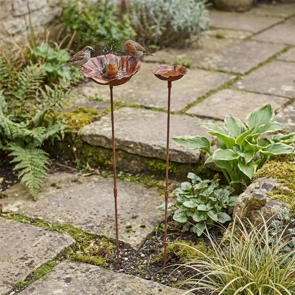 Flower Shape Metal Bird Bath Rusted Vintage Handcrafted Bird Water Dispenser Iron Art Rust-resistant Bee Watering Station - Image 2