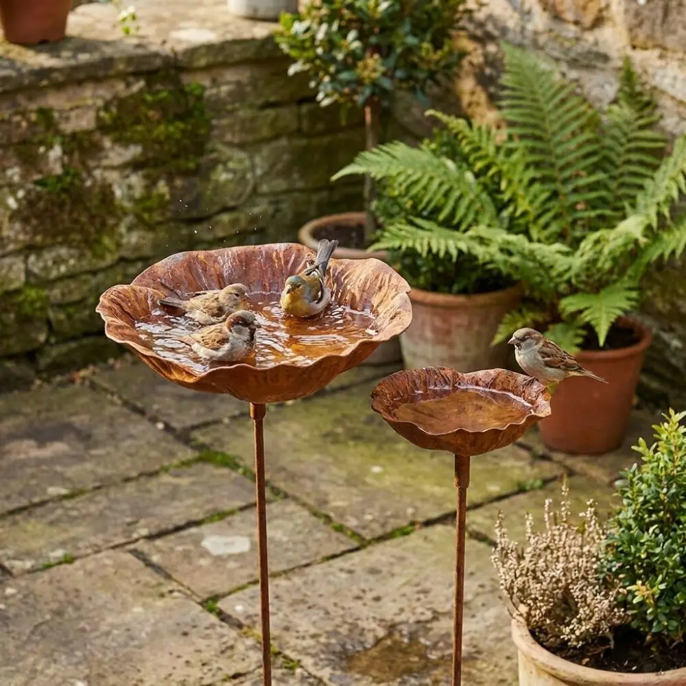 Flower Shape Metal Bird Bath Rusted Vintage Handcrafted Bird Water Dispenser Iron Art Rust-resistant Bee Watering Station - Image 3