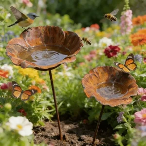 Flower Shape Metal Bird Bath Rusted Vintage Handcrafted Bird Water Dispenser Iron Art Rust-resistant Bee Watering Station