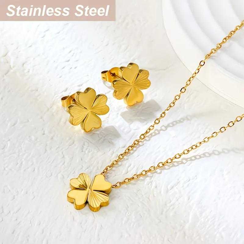 Four Leaf Clover Necklace&Earrings Set Stainless Steel Heart Flower Clavicle Chain Jewelry Elegant Sweet Romantic Daily Fashion - Image 5