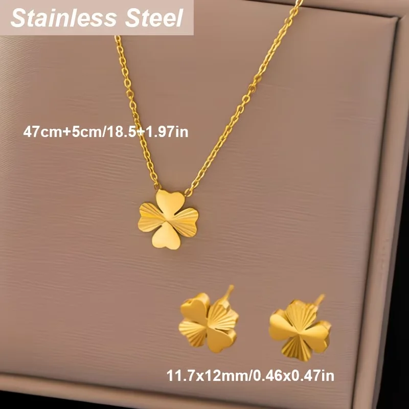 Four Leaf Clover Necklace&Earrings Set Stainless Steel Heart Flower Clavicle Chain Jewelry Elegant Sweet Romantic Daily Fashion - Image 2