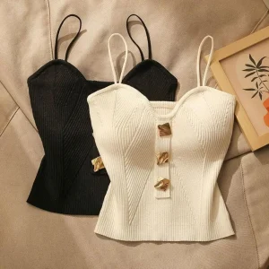 French Style Women's Knitted Tops Spaghetti Strap Cross-knit Knitting Camisole Vest White Black Sleeveless Sleeveless T Shirt