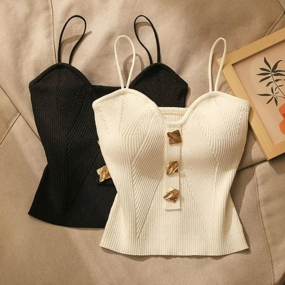 French Style Women's Knitted Tops Spaghetti Strap Cross-knit Knitting Camisole Vest White Black Sleeveless Sleeveless T Shirt