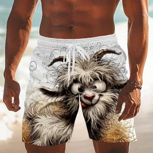 Funny Animal Face 3d Print Mens Beach Shorts Quick Dry Drawstring Elastic Waist Swim Trunks Goat Duck Cat Graphic Cartoon Shorts