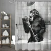 Funny Black White Chimpanzee Singing With Microphone In Bathtub Print Shower Curtain Waterproof Mildew Resistant Polyester Fabri
