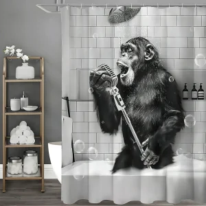 Funny Black White Chimpanzee Singing With Microphone In Bathtub Print Shower Curtain Waterproof Mildew Resistant Polyester Fabri