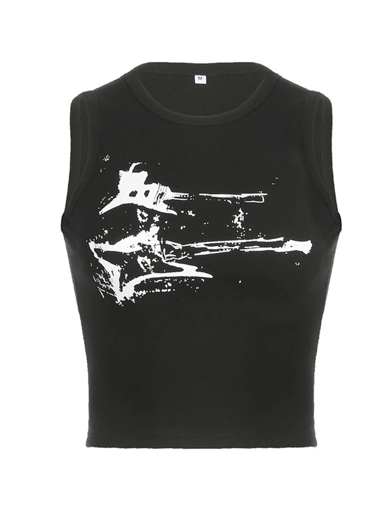 Guitar Print Sleeveless Tank Top Y2K Casual Ribbed Women Grunge Crop Top Harajuku Fashion Vest Tee 90s Street Outfits - Image 2