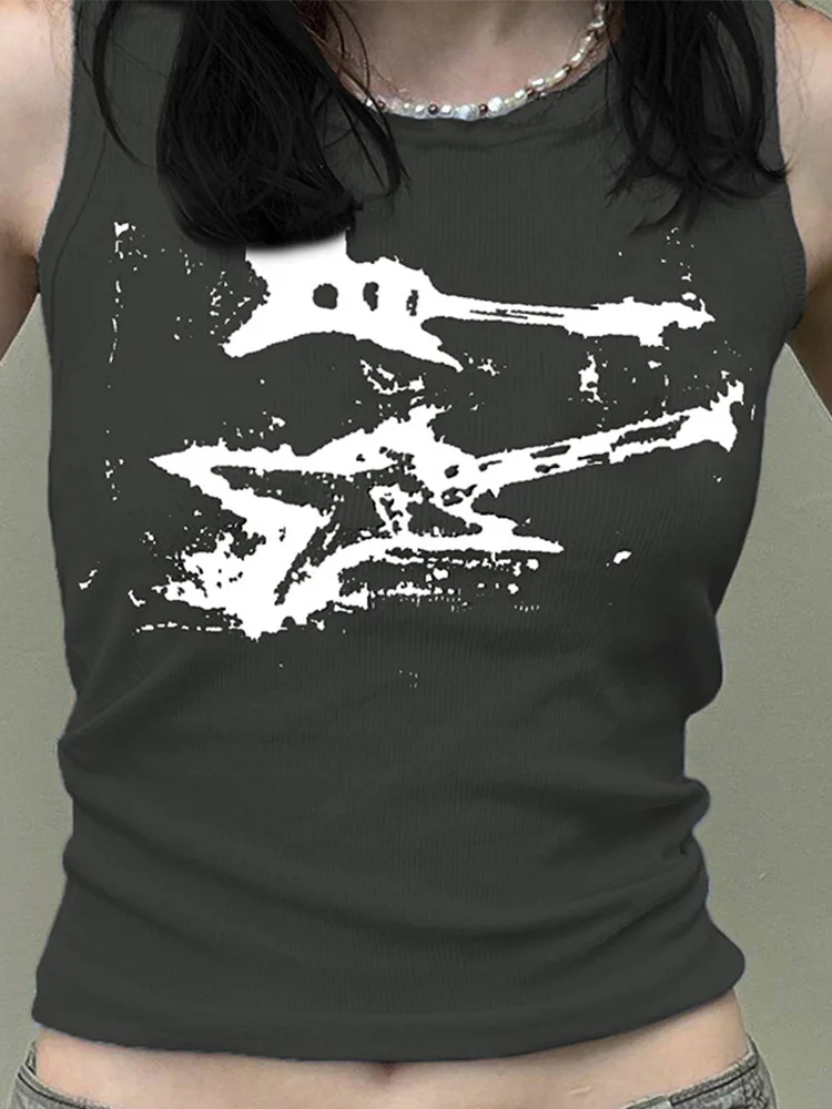 Guitar Print Sleeveless Tank Top Y2K Casual Ribbed Women Grunge Crop Top Harajuku Fashion Vest Tee 90s Street Outfits - Image 3
