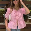 HH Women Fashion Loose Puff Sleeve Shirt Lace Up O Neck Cropped Top Spring Summer Elegant Party Vacation Vintage Ruffle Blouse