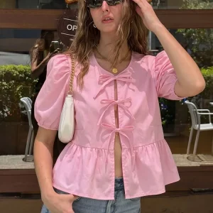 HH Women Fashion Loose Puff Sleeve Shirt Lace Up O Neck Cropped Top Spring Summer Elegant Party Vacation Vintage Ruffle Blouse