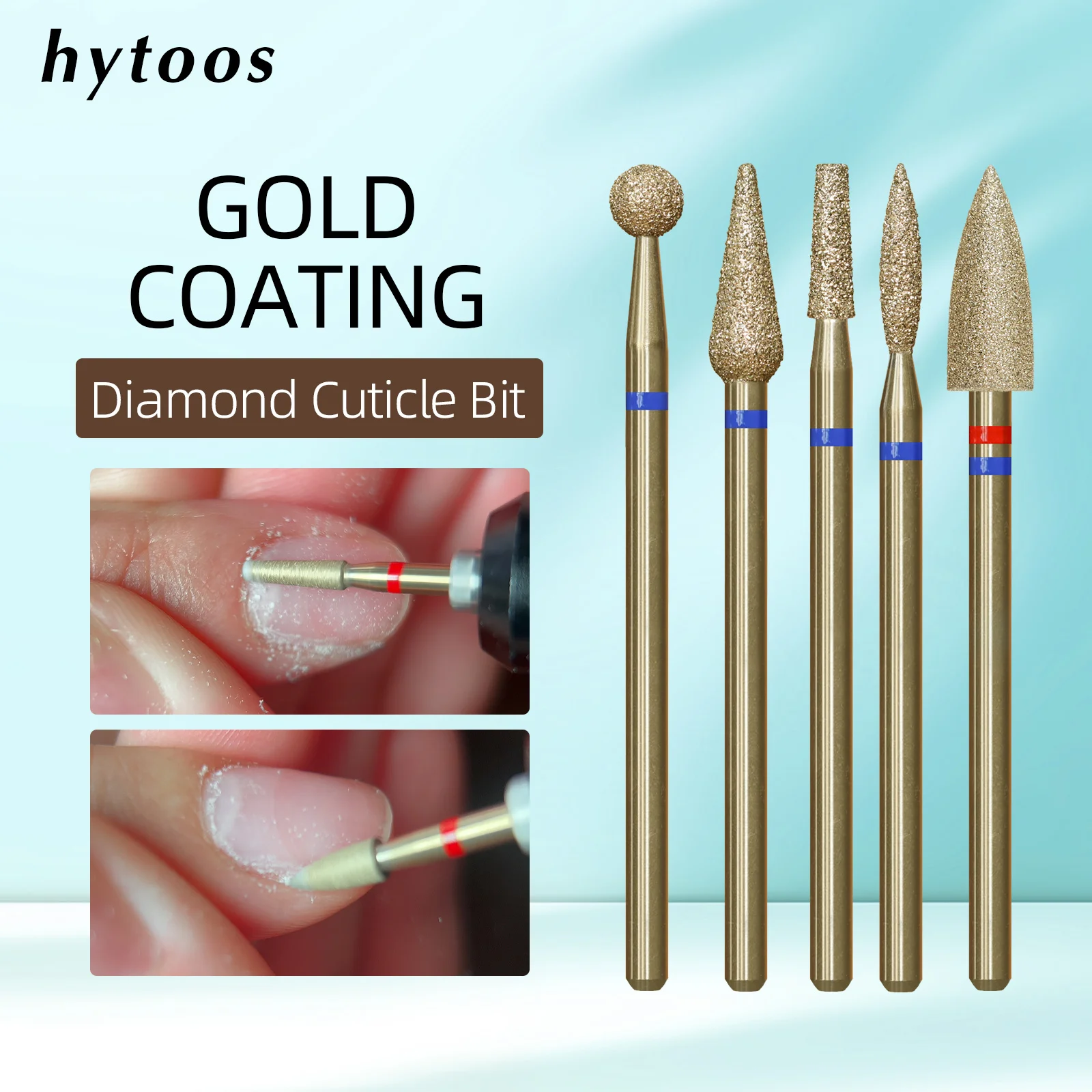 HYTOOS Gold Cuticle Clean Diamond Nail Drill Bits for Dead Skin Pro Russian Cuticle Burr Nail Prep Tool for Manicure Technicians