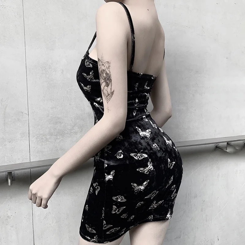 Harajuku Black Dress Women Gothic Spaghetti Strap Backless Off Shoulder Dresses Female Fashion Casual Print Sexy Dress - Image 2